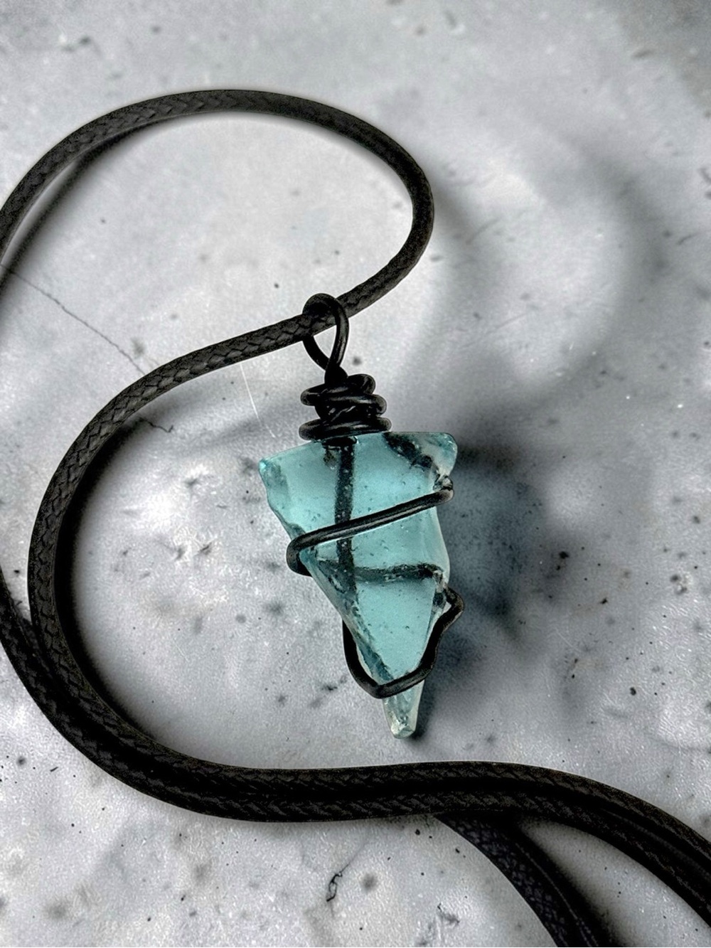 5 For $25💫Handmade Aqua Sea Glass Pendant Necklace with Black Wire Wrap
